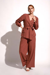 Pinstripe Wraparound Top - Brick Red